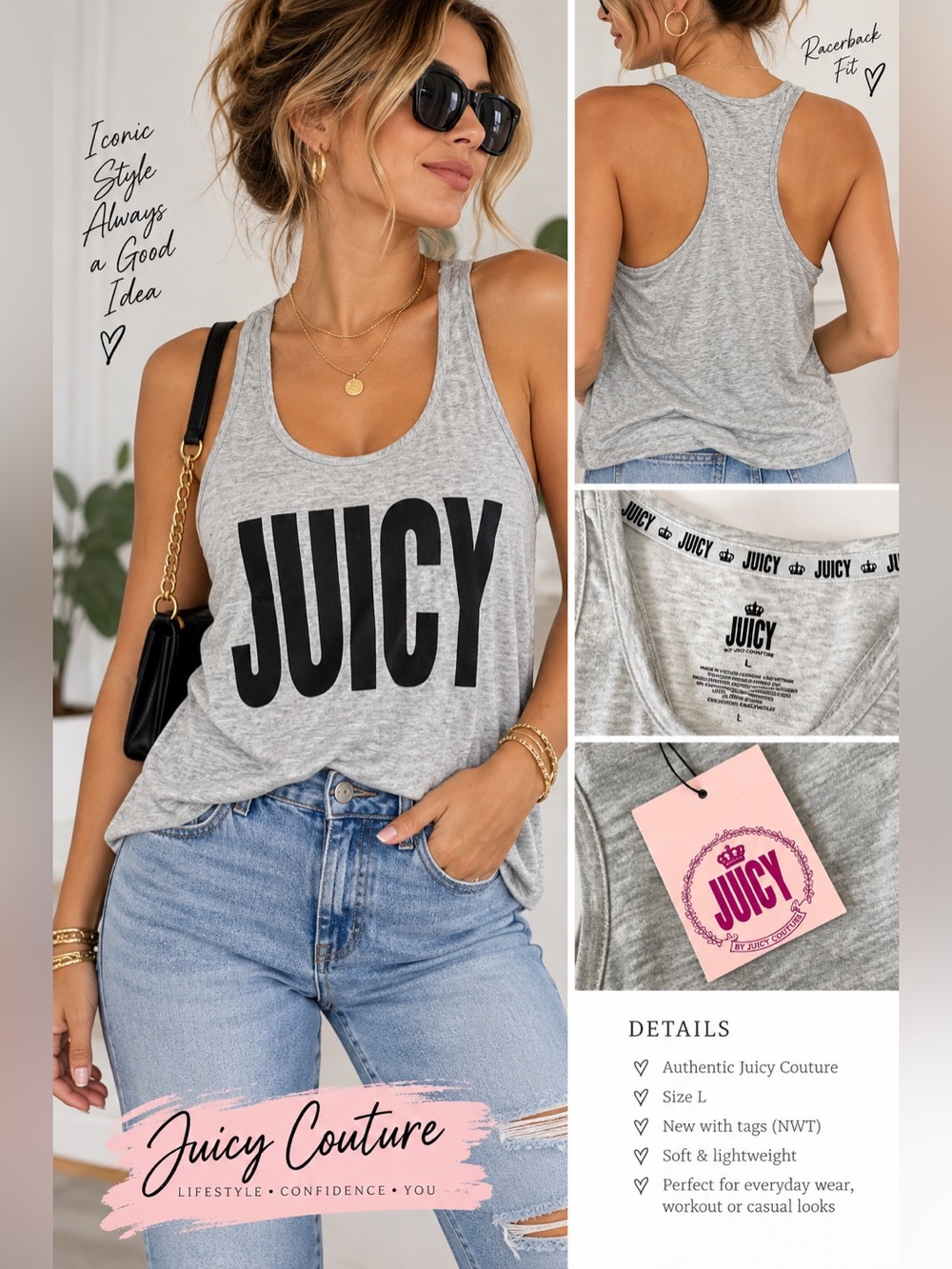 Juicy Couture Inspired Y2K Gray Tank Top with Bold Black JUICY Logo Sz Large